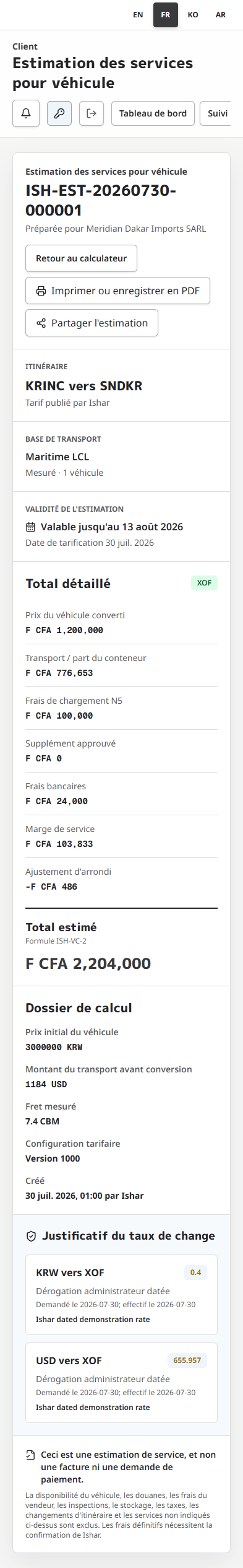 Estimation enregistrée en français