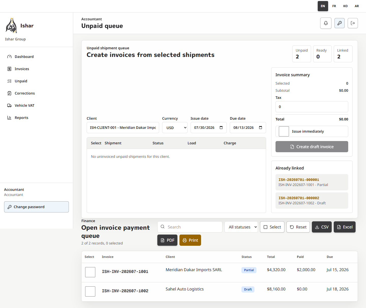 Aligned Accountant unpaid shipment queue