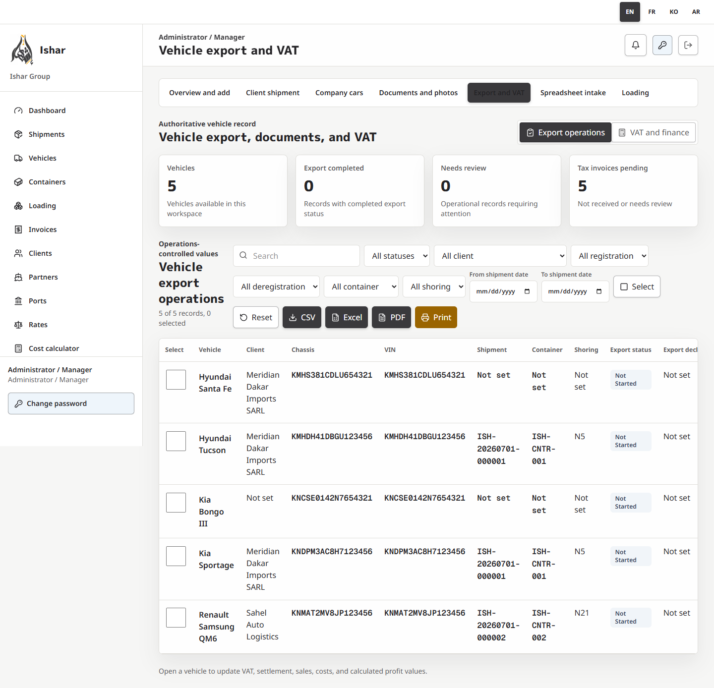 English authoritative vehicle export workspace