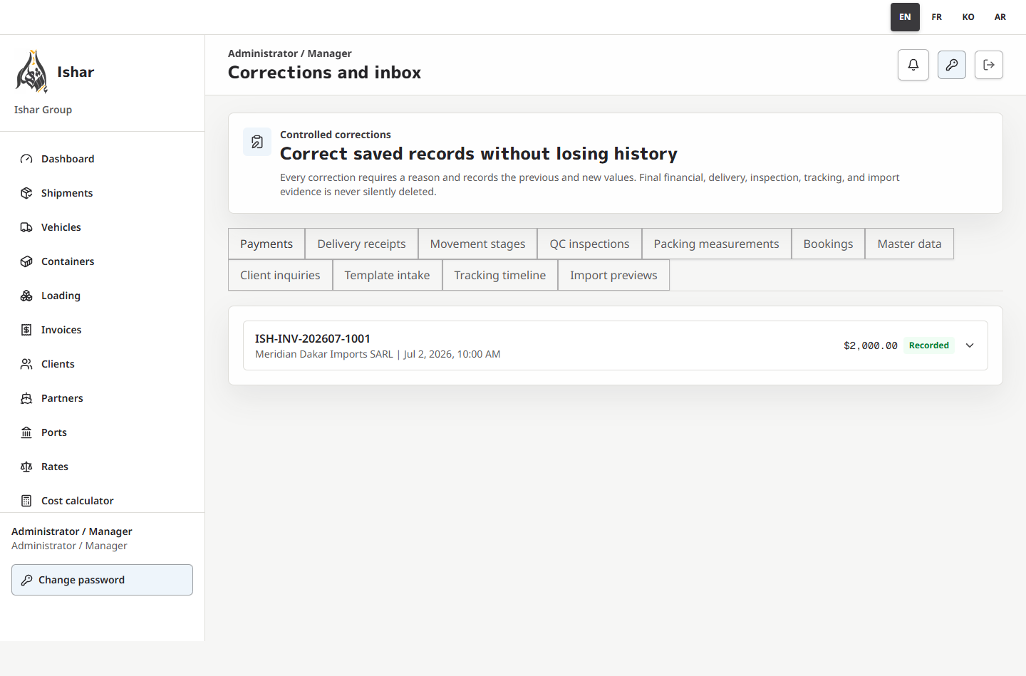 English saved-record correction workspace