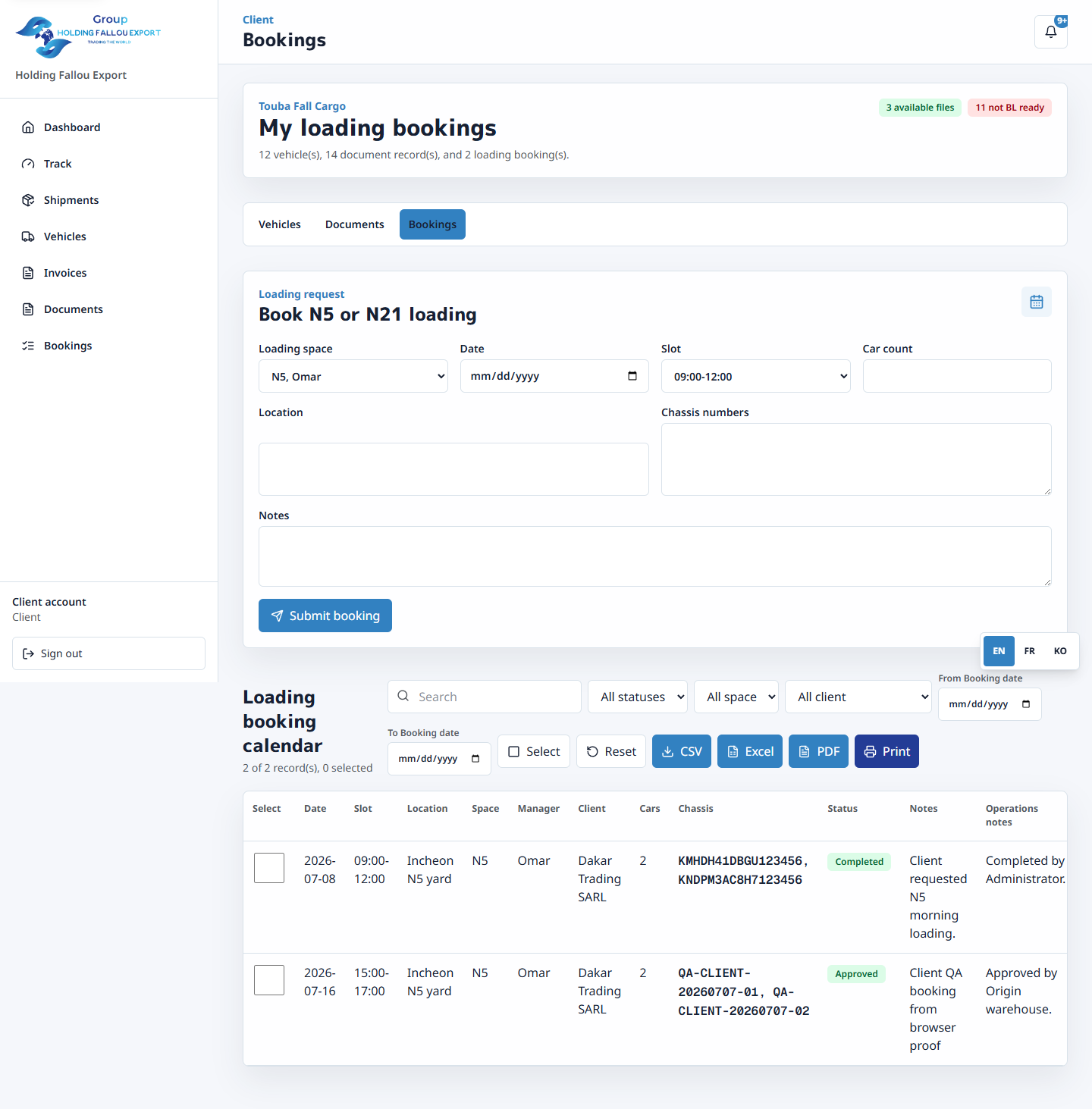 Client loading booking portal