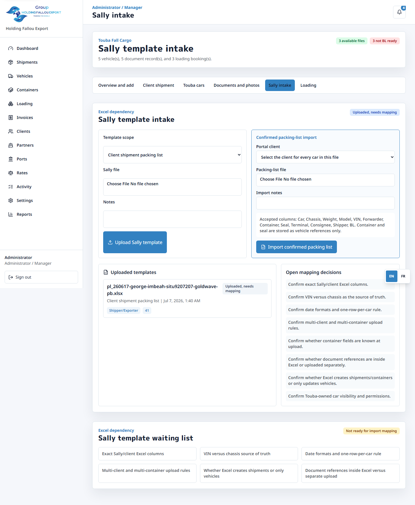 Confirmed packing-list import controls
