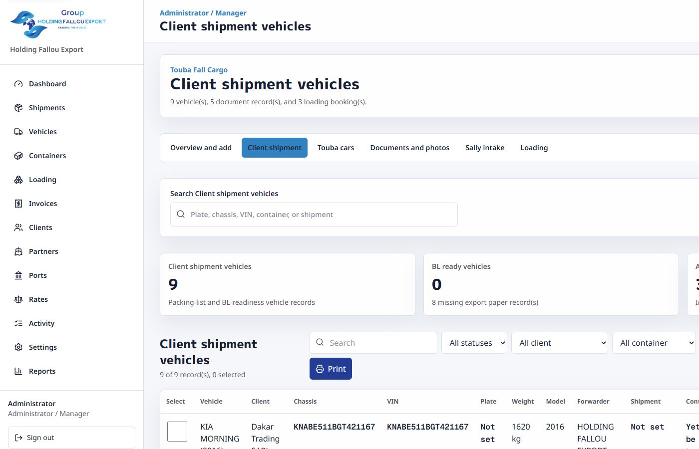Six imported vehicles in Admin dashboard