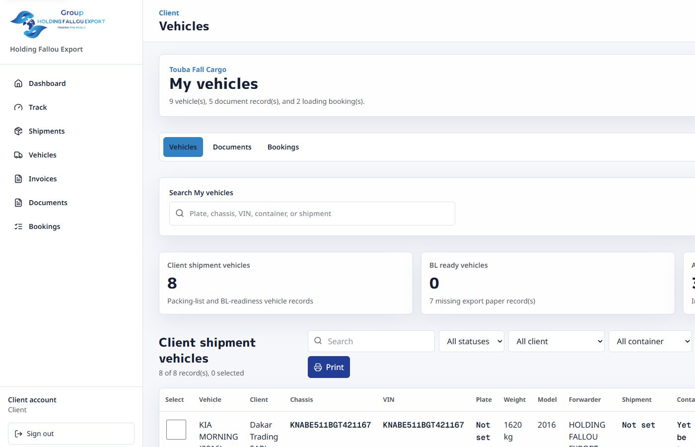 Six imported vehicles in Client dashboard