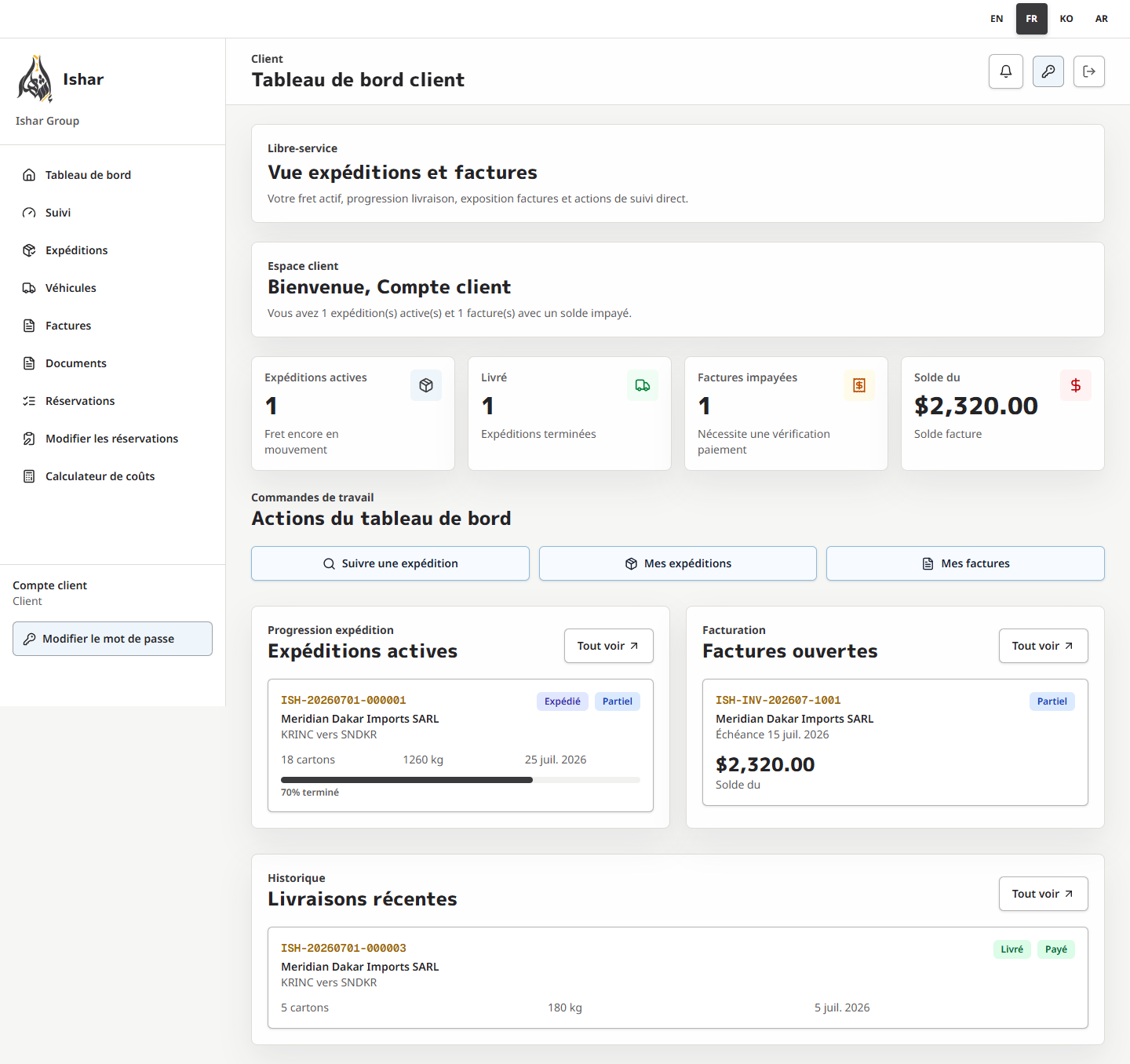 Tableau de bord client