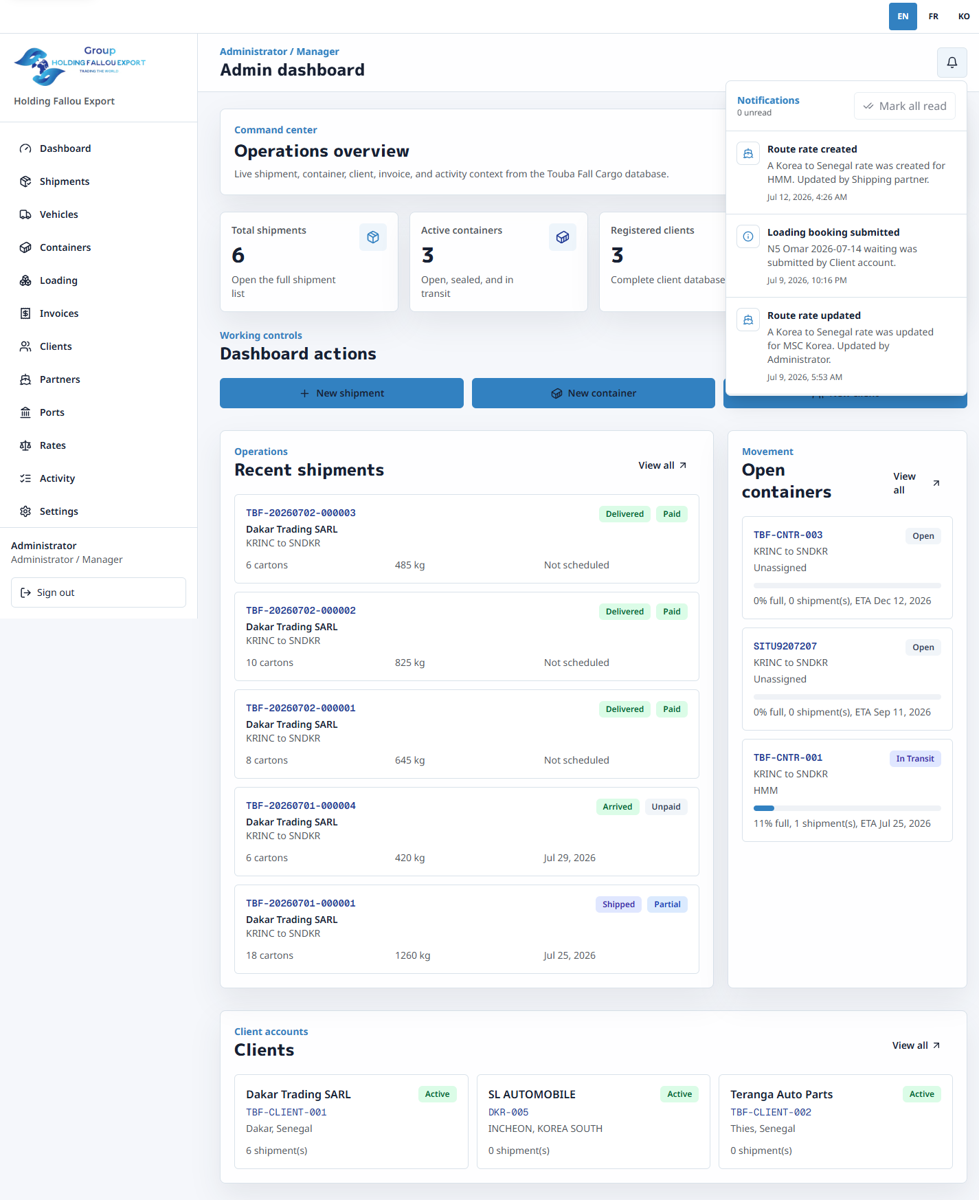 Administrator notification center