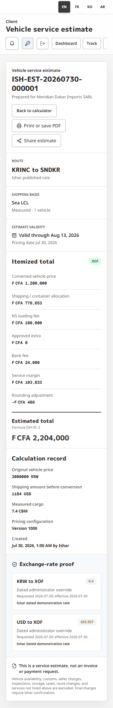 English saved vehicle cost estimate