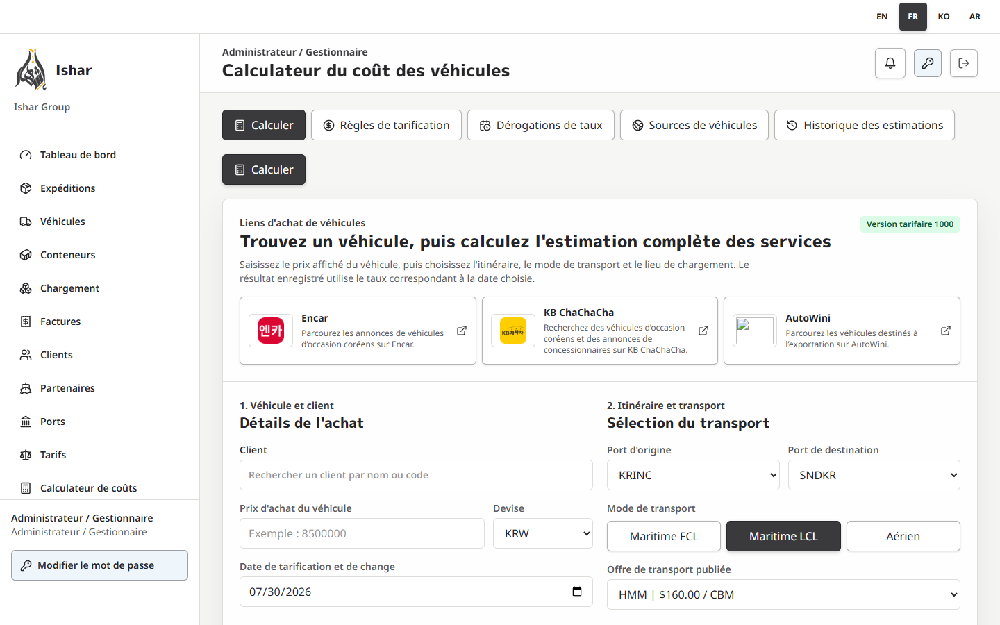 Calculateur véhicule Administrateur en français