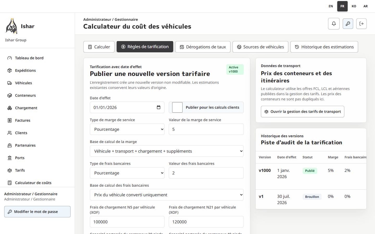 Règles tarifaires Administrateur en français